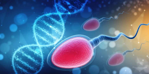 Illustration of sperm swimming toward a large pink egg cell with a DNA double helix in the blue background.